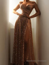A-Line/Princess Off-the-Shoulder Floor-Length Sequins Prom Dresses With Leg Slit